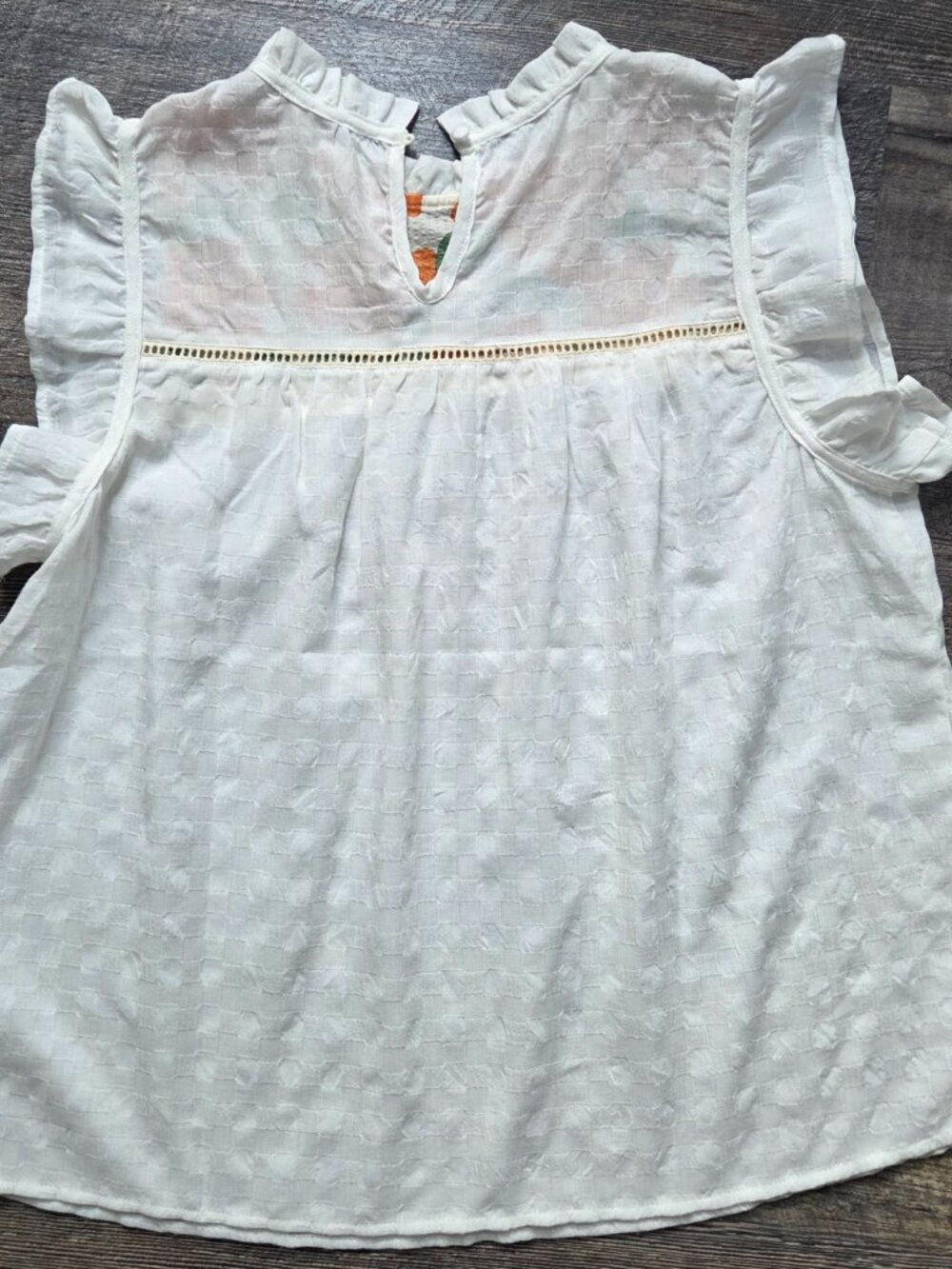 THML White Textured Blouse Orange & Green Yoke Ruffled Flutter Sleeves Sz Med - Picture 2 of 7